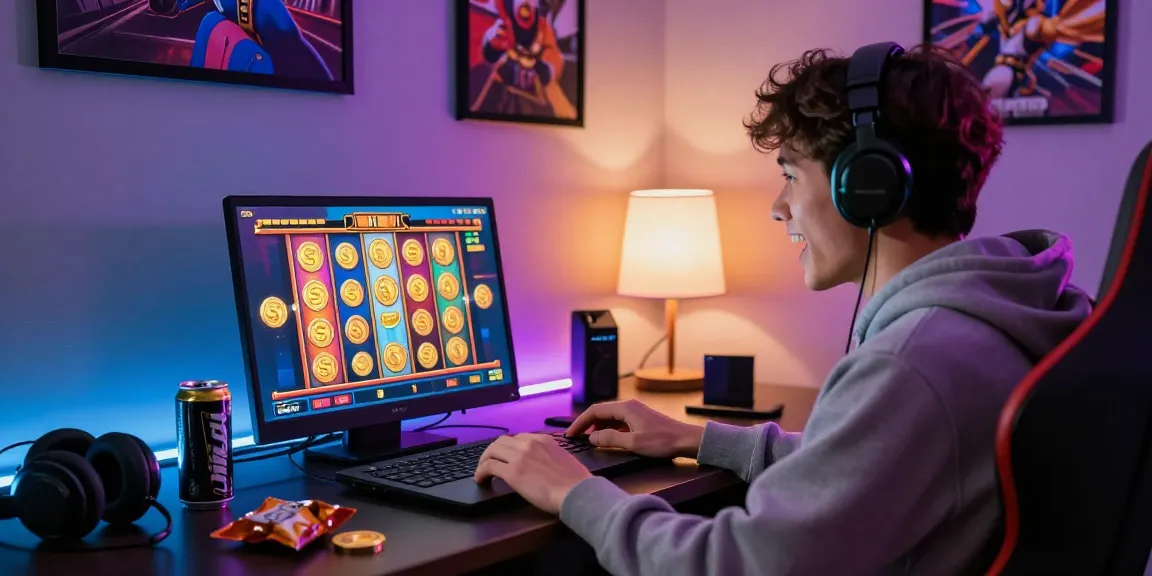 Engaged player celebrating a win on bandar slot game with energetic atmosphere, snacks and gaming setup.