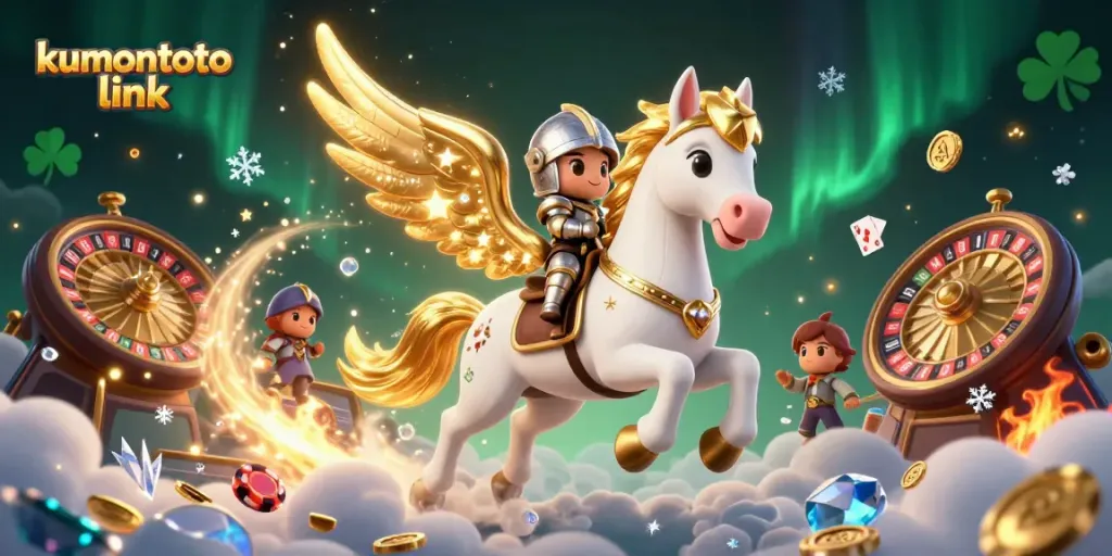 Engage with kumontoto link in a vibrant casino scene featuring a celestial horse, knight, and gambling elements.