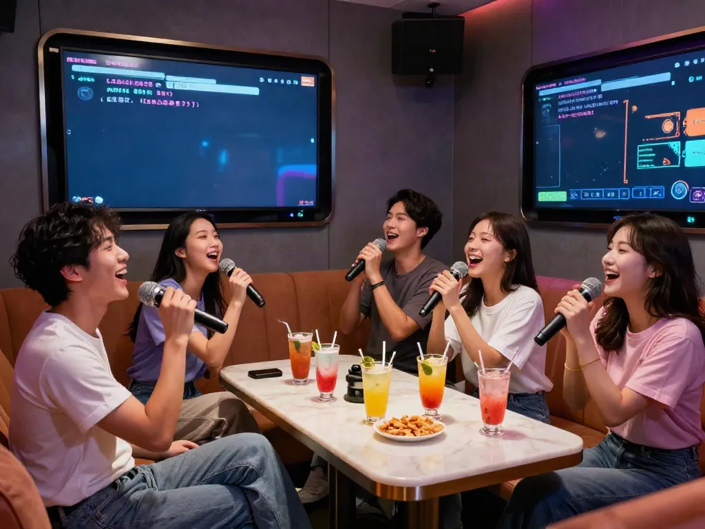 강남 달토의 아늑한 가라오케에서 즐거운 친구들과 노래하는 모습