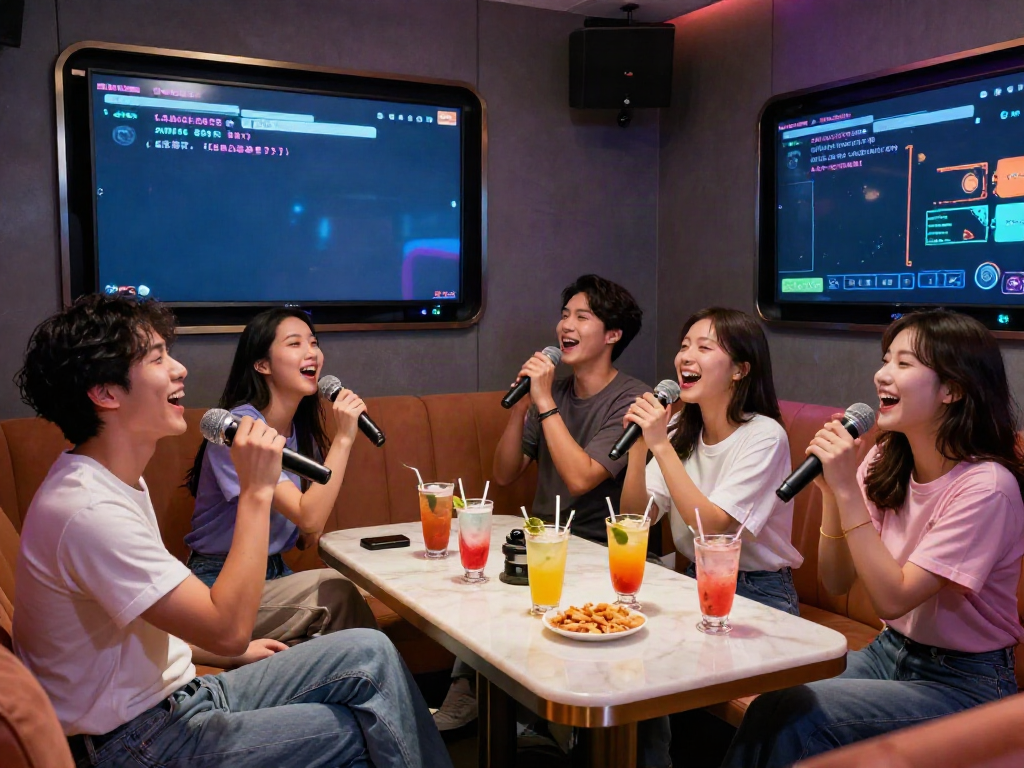 강남 달토의 아늑한 가라오케에서 즐거운 친구들과 노래하는 모습