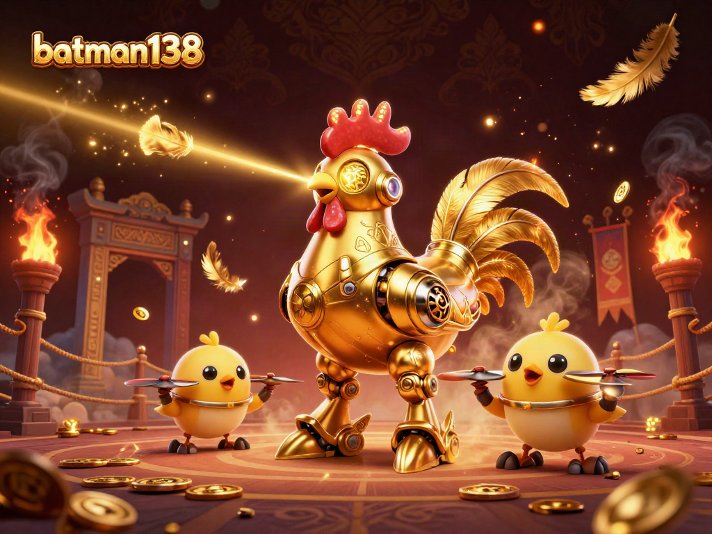 Batman138 features a heroic golden rooster robot and baby chicks in an energetic casino scene.
