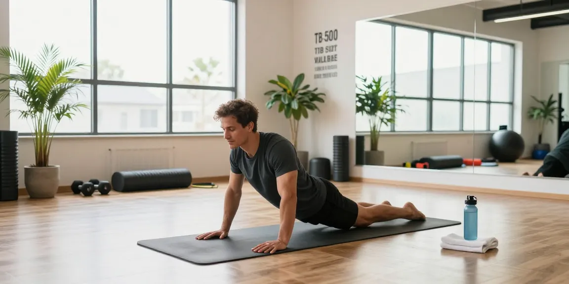 TB-500 peptide for sale at a modern wellness center with athletes engaged in fitness activities.