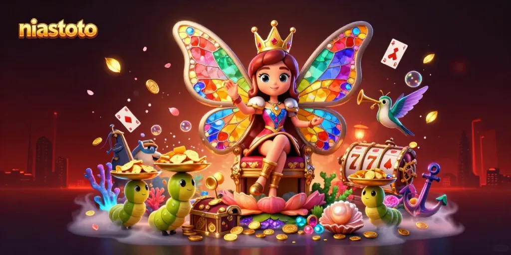 Experience exciting gameplay at niastoto with the vibrant 3D illustration of a gambling scene featuring a butterfly queen.