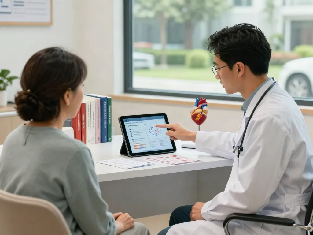 Advanced heart failure care consultation between doctor and patient in a modern clinic.