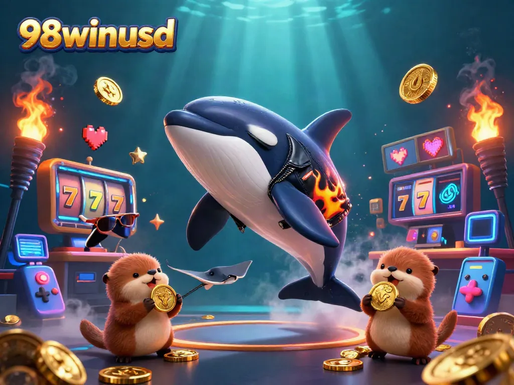 Engage with 98winusd's vibrant gaming scene featuring an orca, stingray, and otters amidst colorful casino elements.