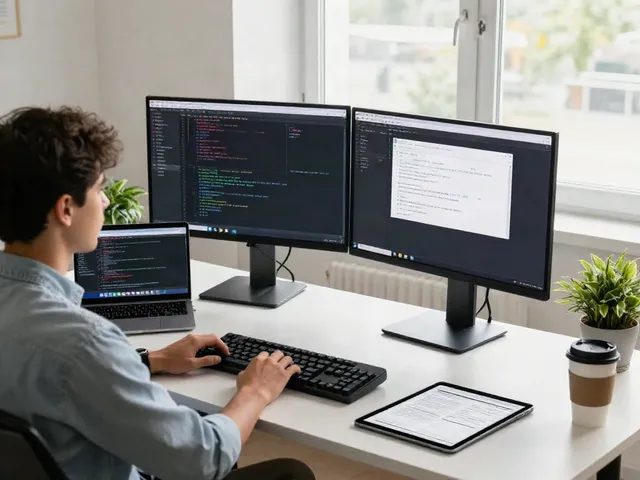 Coding at a modern workspace, showcasing a developer with dual monitors and tech tools, emphasizing url concepts.
