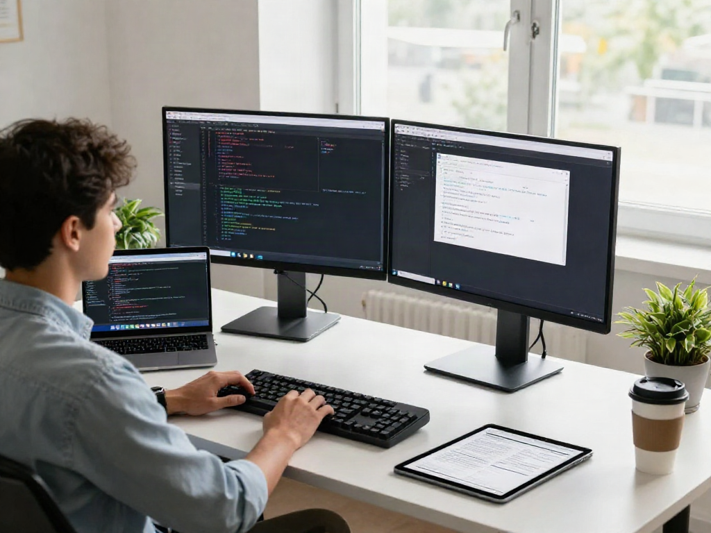 Coding at a modern workspace, showcasing a developer with dual monitors and tech tools, emphasizing url concepts.