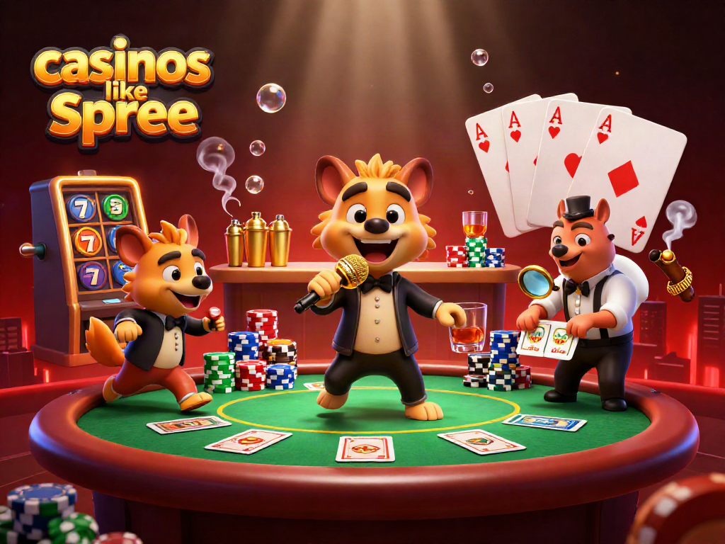 Experience the fun of casinos like spree, featuring hyenas in a vibrant casino scene with poker and slots.