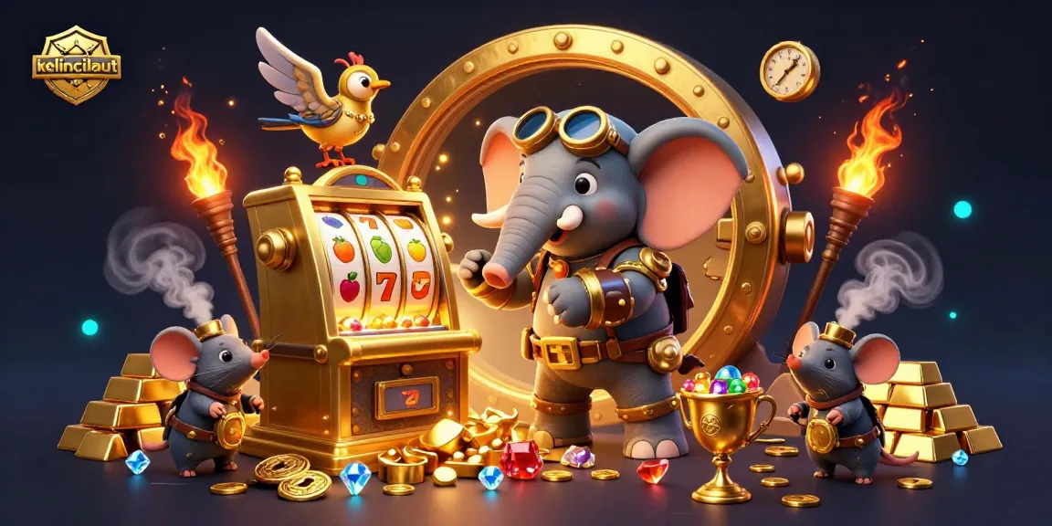 Kelincilaut showcases a steampunk elephant operating a flashy slot machine, brimming with treasures and gems.
