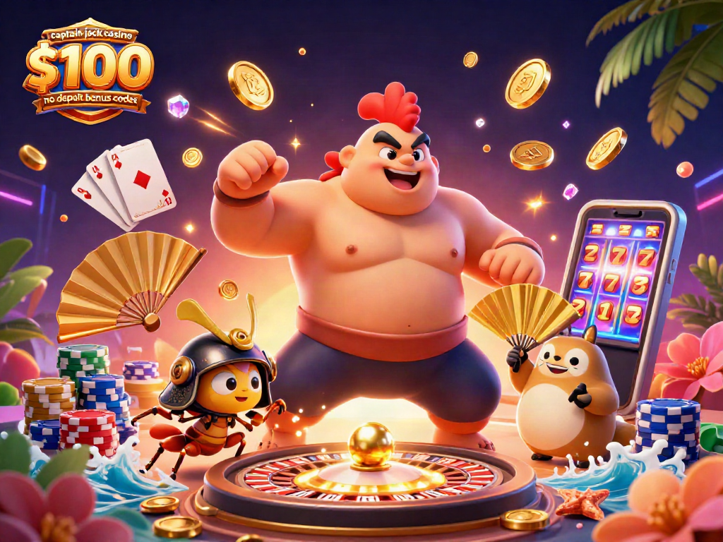 Engage with captain jack casino $100 no deposit bonus codes featuring sumo rooster, samurai cricket, and tanuki in an animated casino scene.