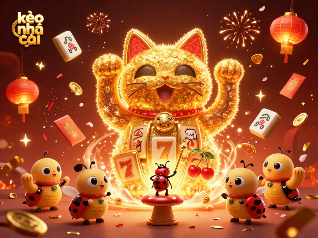 Engage with kèo nhà cái as golden fireflies form a lucky cat amidst vibrant casino symbols.