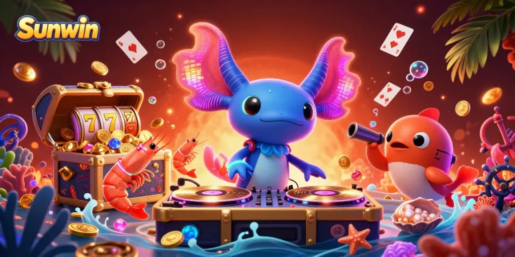 Sunwin's vibrant gaming atmosphere illustrated with an axolotl DJ, dancing shrimp, and underwater treasures.