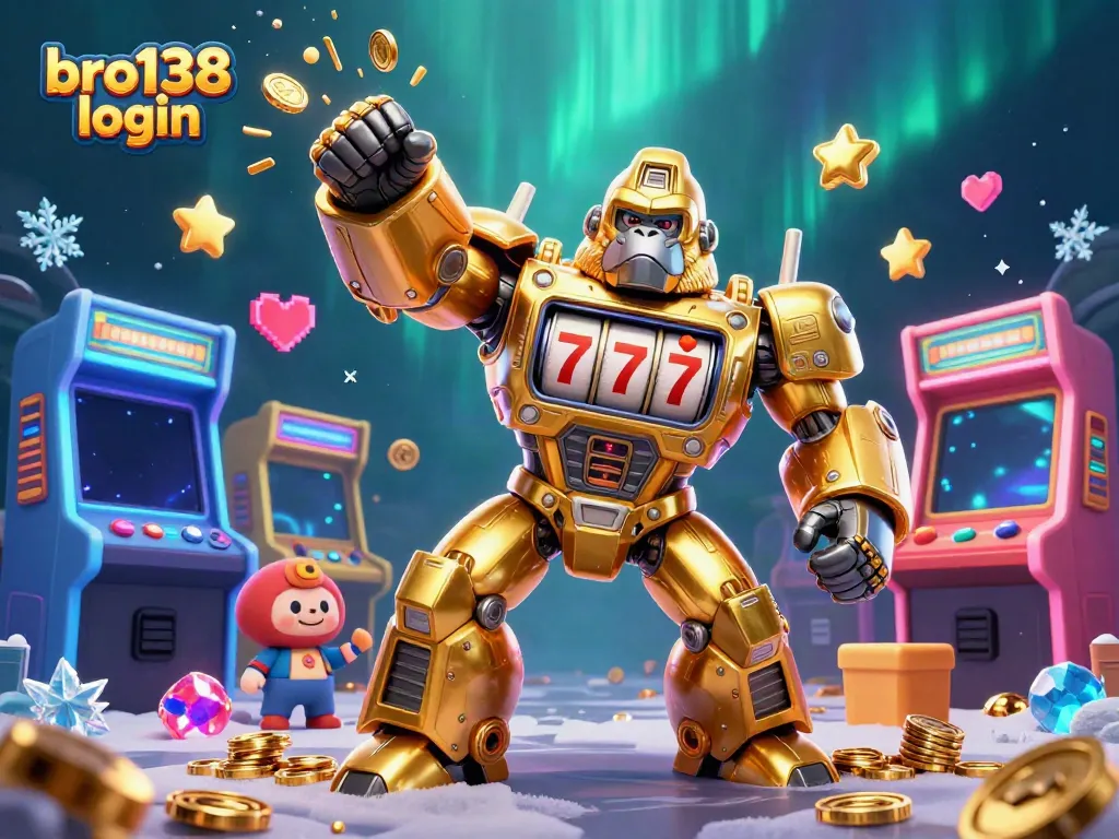 Bro138 login scene showcasing a golden gorilla mech made of slot machine parts, surrounded by vibrant gaming elements and glowing effects.