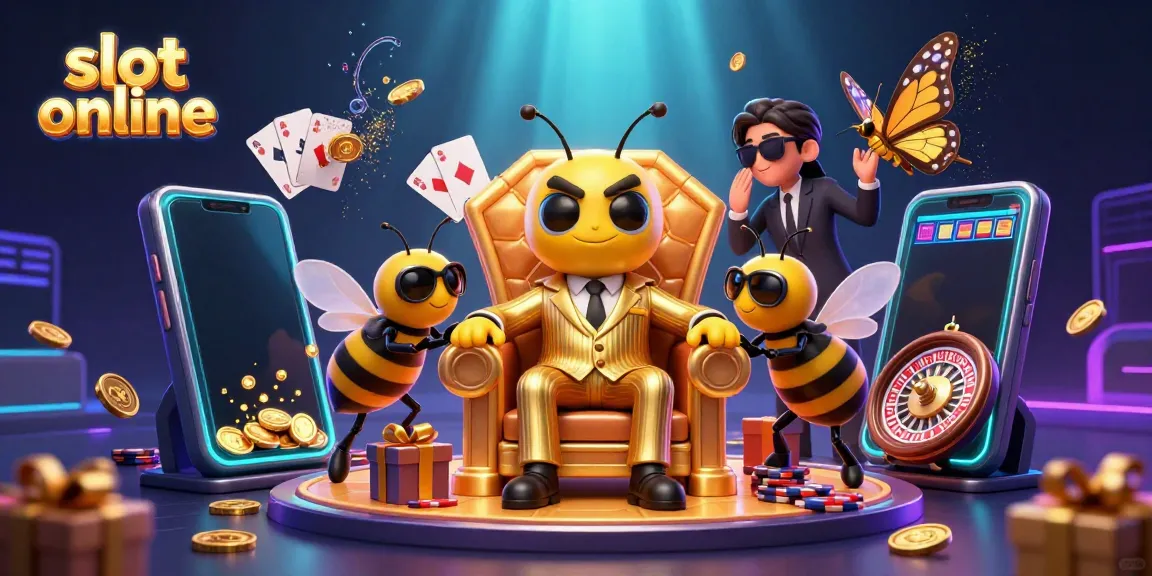 Spinning reels and golden coins celebrate the thrill of slot online gaming with a lavish bumblebee mob boss illustration.