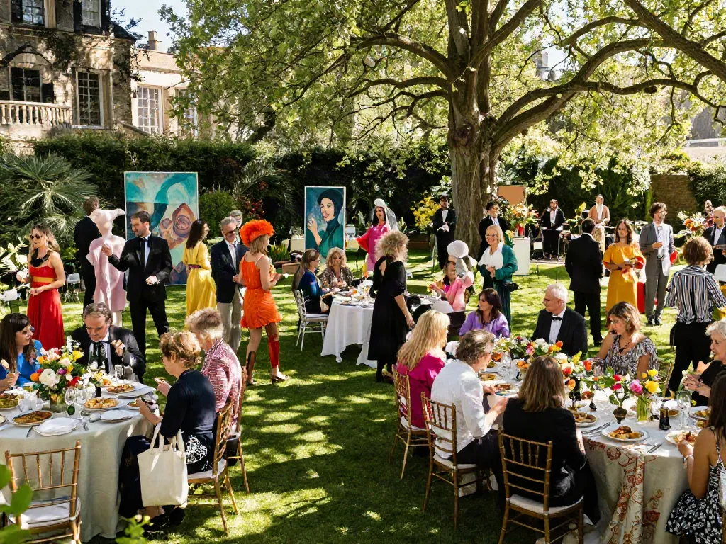 Bruce Bailey Toronto fundraising event featuring a vibrant outdoor party in a garden setting with guests in elaborate costumes and art installations.