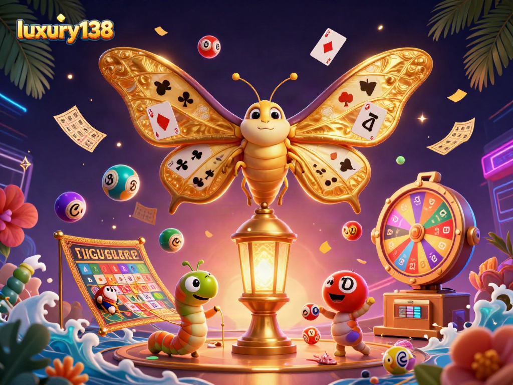 Menangkan permainan di luxury138 dengan serunya bola lotere berwarna-warni dan kartu bingo emas yang mengelilingi karakter atraktif.
