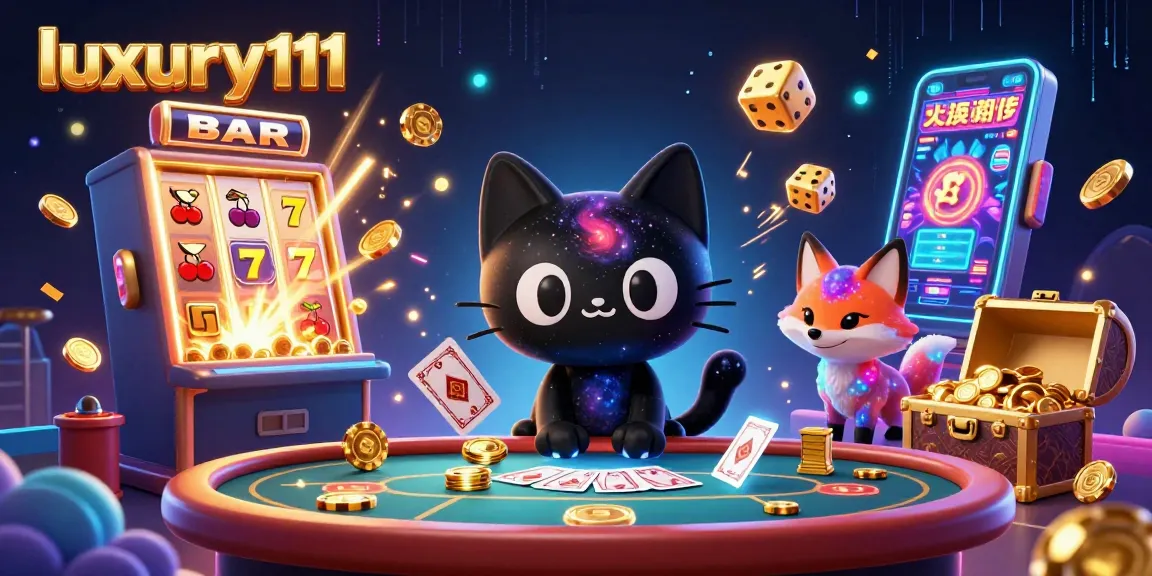 Engage with luxury111 in a vibrant cosmic casino scene featuring a black hole cat and nebula fox.