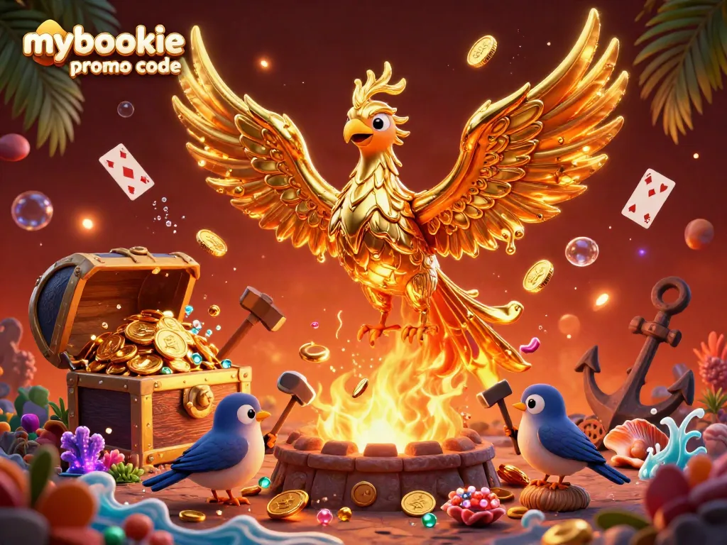 Engage with the exciting mybookie promo code offers amidst golden phoenixes and treasure in a vibrant casino scene.