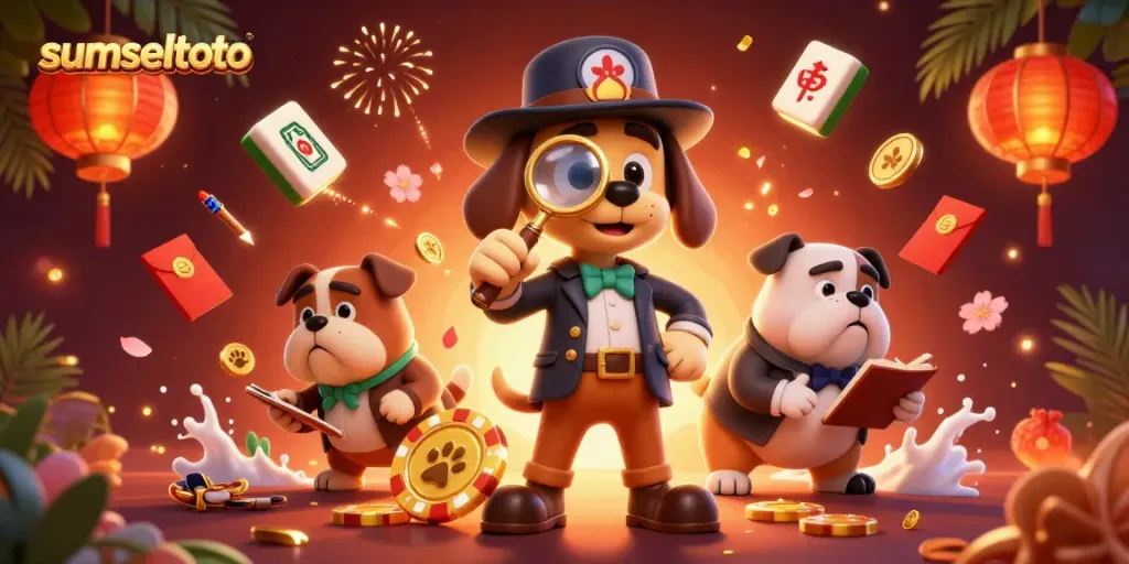 Experience thrilling games at sumseltoto with a detective and bulldog uncovering jackpot clues amidst colorful gambling elements.