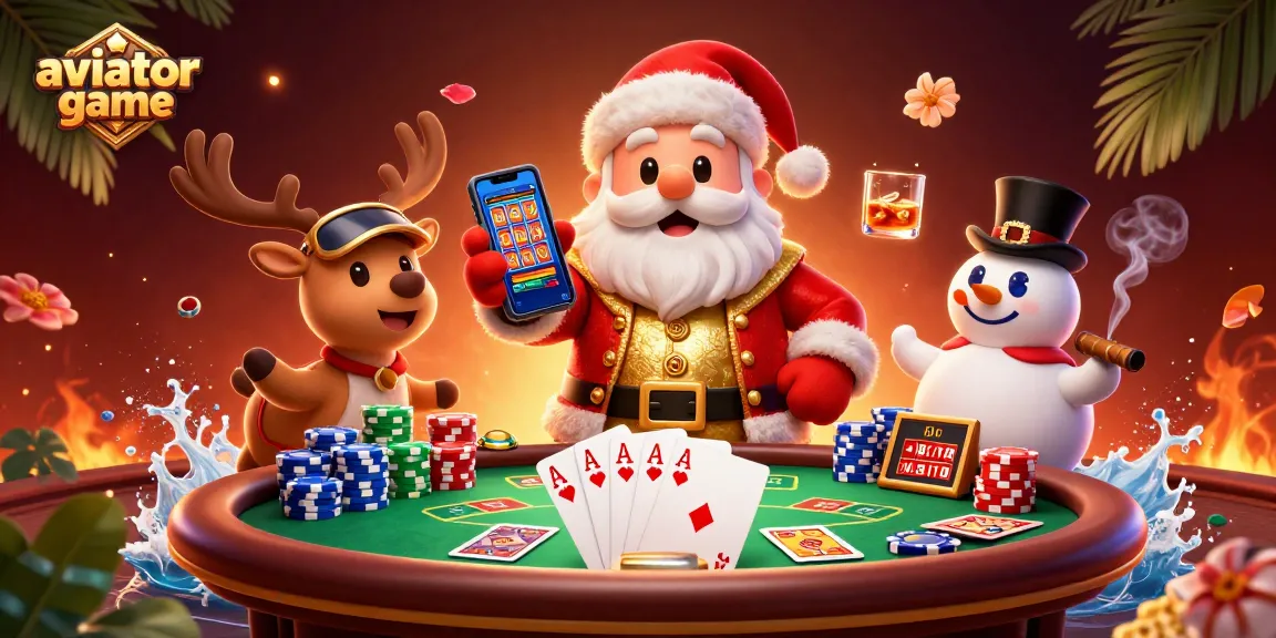 Aviator game illustration featuring Santa, a reindeer dealer, and a snowman with poker chips.