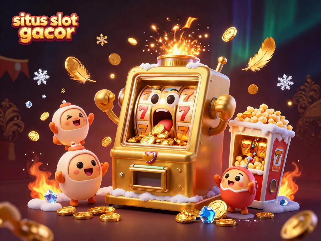 Experience the excitement of situs slot gacor with a golden slot machine winning a jackpot amidst colorful casino elements.