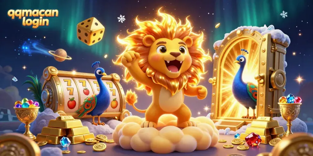 Engage with the thrilling world of qqmacan login through this vibrant casino illustration filled with gold and excitement.