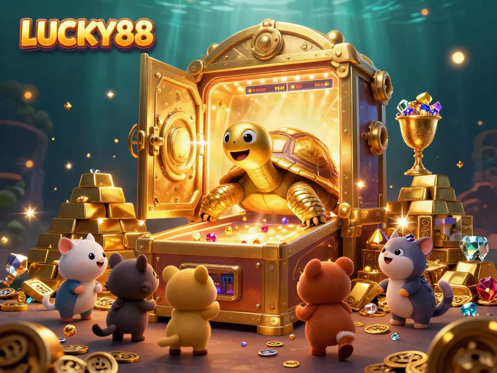 LUCKY88 casino illustration showcasing a golden tortoise pinball machine attracting excited players.
