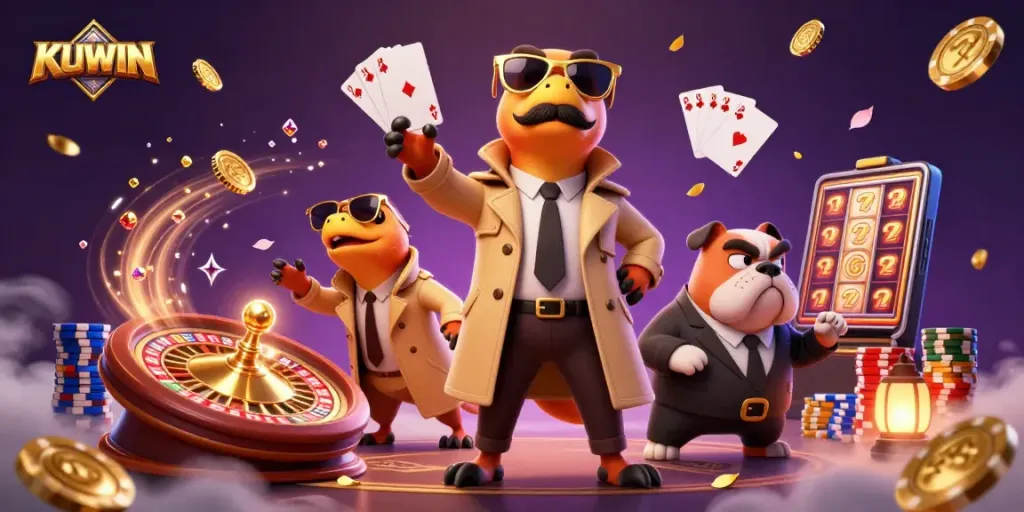 KUWIN casino with raptors in disguise, sparkling gemstones, and dynamic gaming elements creating excitement.