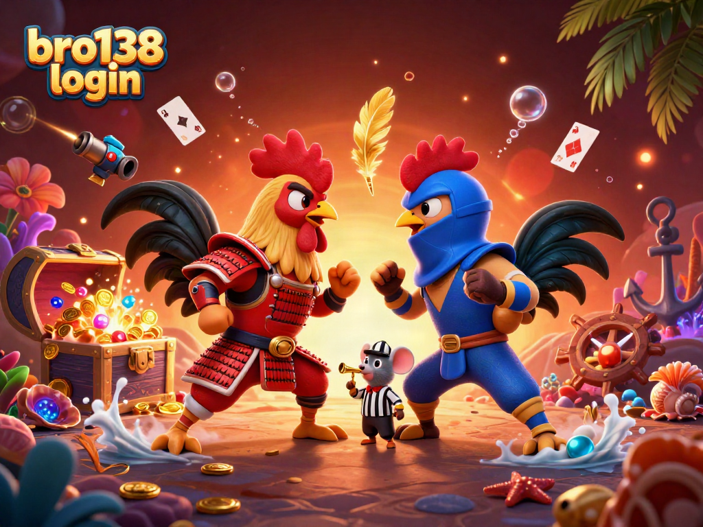 Experience the excitement of bro138 login with dynamic gambling visuals featuring fighting roosters and casino elements.