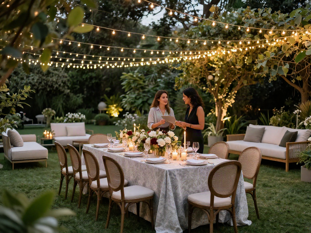 Event furniture rental showcased in an elegant outdoor garden setup with luxurious seating.