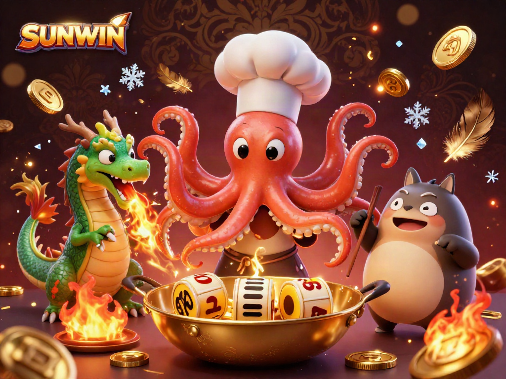 SUNWIN casino promotion featuring a cartoon octopus chef with golden jackpot reels and a dragon in a vibrant environment.