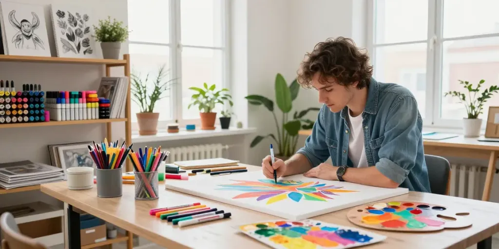 Markers wholesale displayed in a creative workspace with an artist painting on canvas.