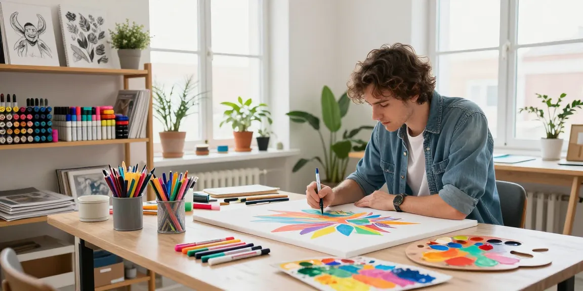 Markers wholesale displayed in a creative workspace with an artist painting on canvas.
