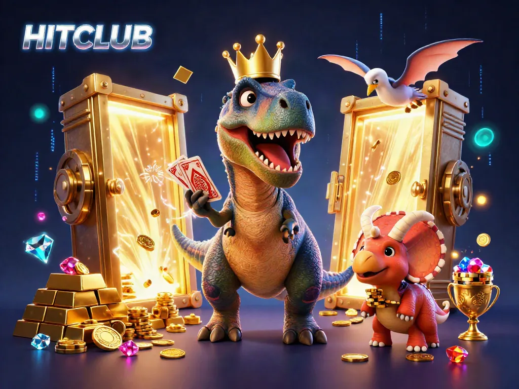 HITCLUB themed 3D illustration with T-Rex shuffling cards and friends amid gold treasures.