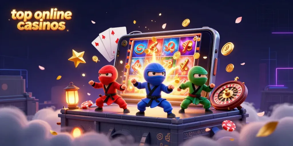 Experience excitement at top online casinos with ninja chameleons showcasing martial arts and vibrant game elements.