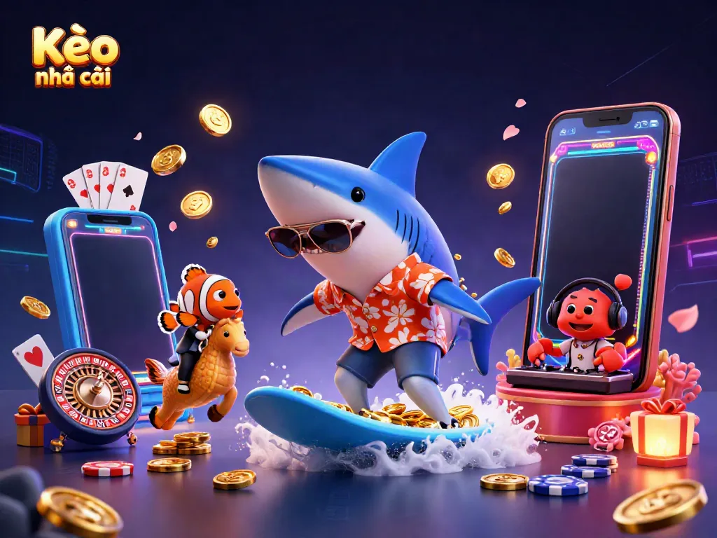 Experience Kèo nhà cái with vibrant underwater casino action featuring a shark surfing on gold coins.