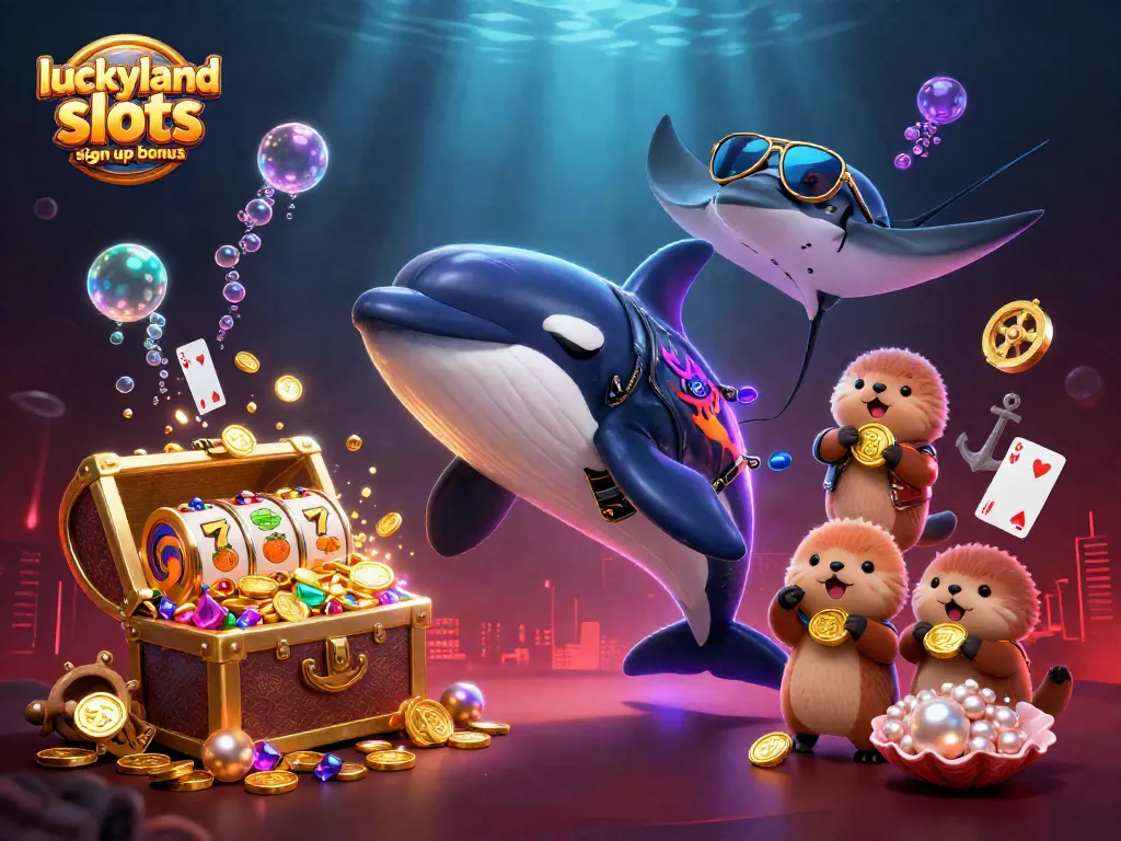 Engage with the luckyland slots sign up bonus and enjoy vibrant 3D casino visuals featuring a fun underwater scene.