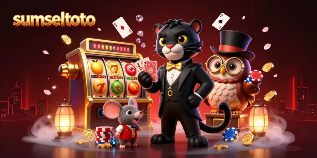 Experience the excitement of sumseltoto with a cartoon casino scene featuring a panther, owl, and mouse.