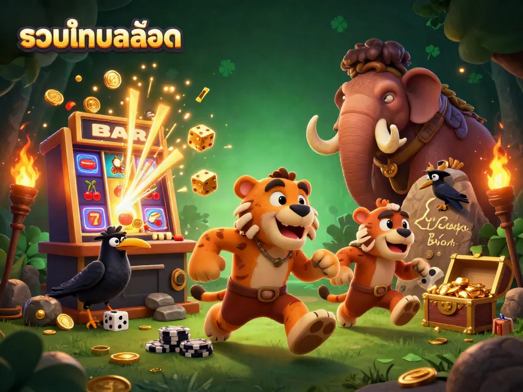 Experience the excitement of รวมเกมสล็อต with a vibrant 3D scene featuring themed characters and dynamic gaming elements.