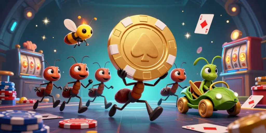 Ants carrying a giant poker chip in a colorful casino scene representing Manclub gaming action.