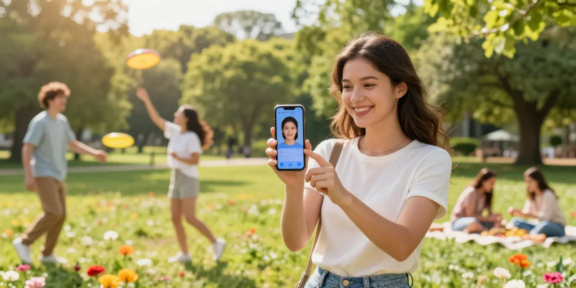 Young woman joyfully checking how old do I look using a smartphone in a sunny park.