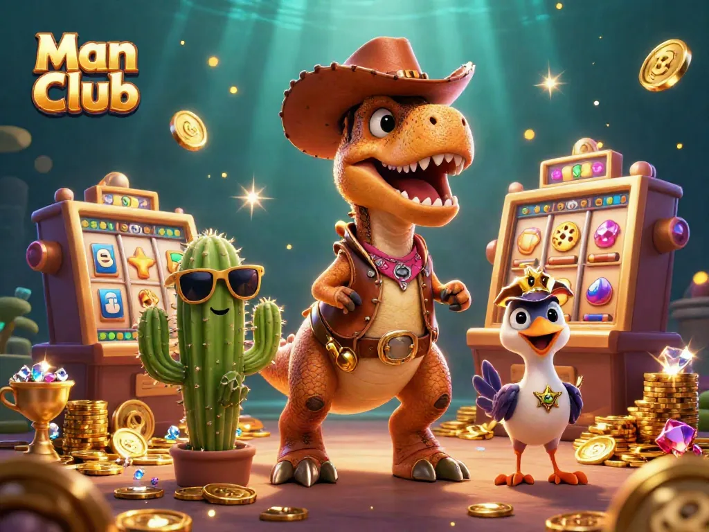 Engaging Man Club experience with cartoon characters celebrating a jackpot win at a casino.