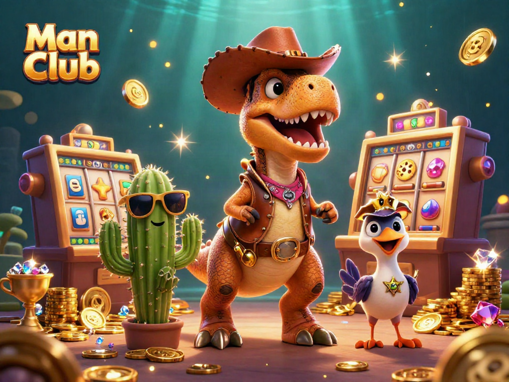 Engaging Man Club experience with cartoon characters celebrating a jackpot win at a casino.