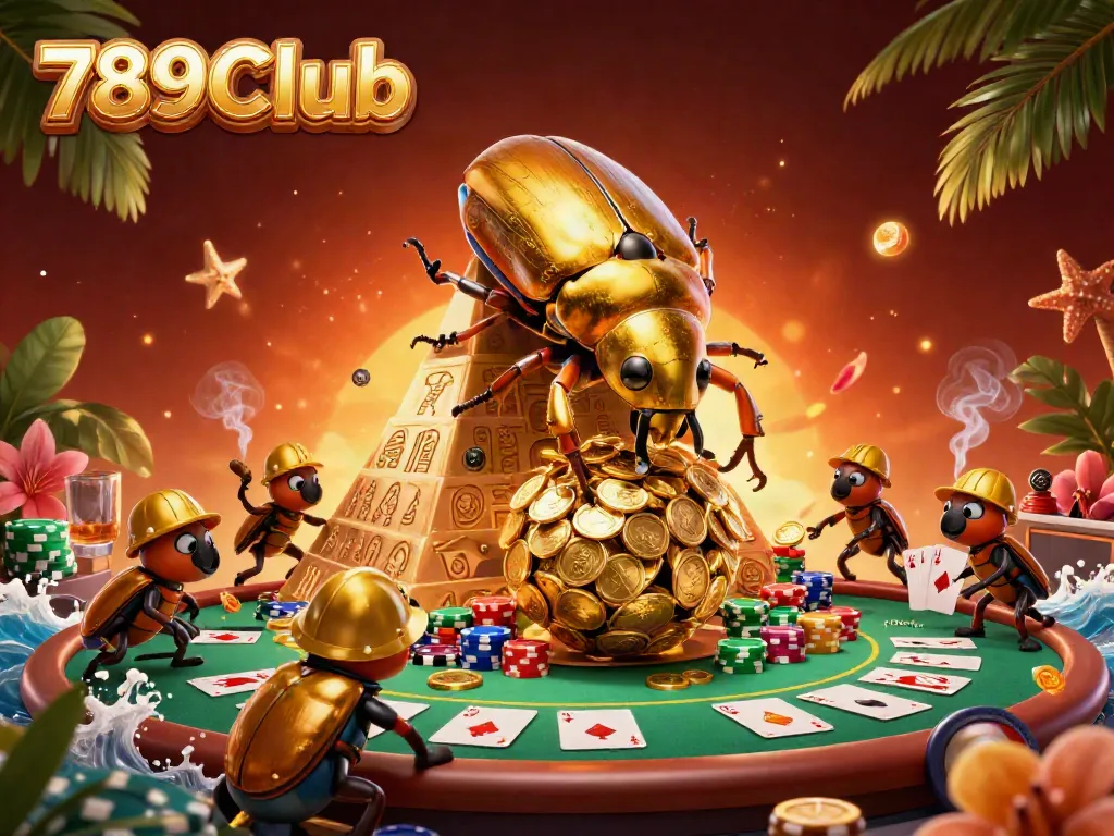 Experience exciting gameplay with 789Club as golden beetles roll in a vibrant casino atmosphere.