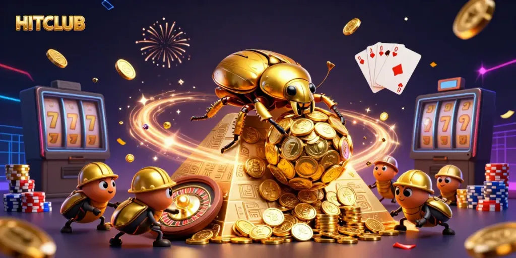Experience the excitement of HITCLUB with golden coins and casino symbols in a vibrant 3D scene.