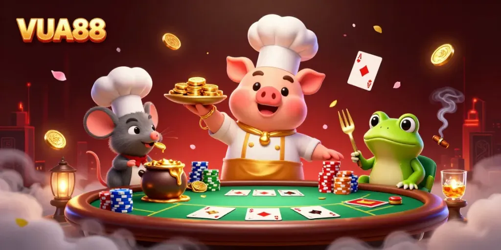VUA88 features a chef pig serving gold coins at a poker table, creating a dynamic casino scene.