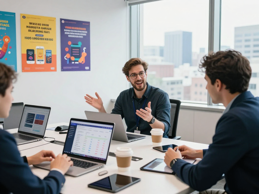Purchase app downloads strategy meeting at a modern marketing office with analytics displays.