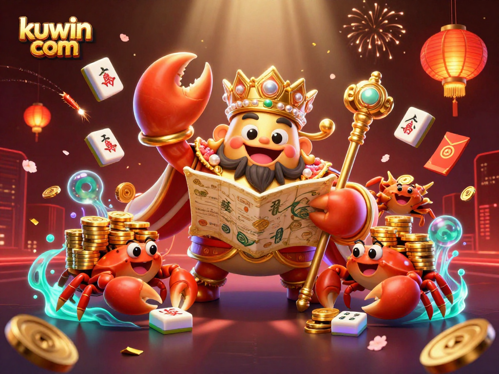 Engage with kuwin com in vibrant 3D casino illustration featuring a golden crab emperor and dynamic game elements.