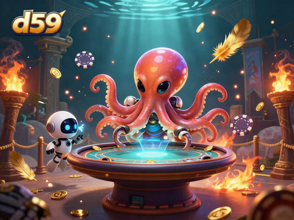 Engage in thrilling d59 gaming with a vibrant 3D octopus and poker setup surrounded by floating tokens.