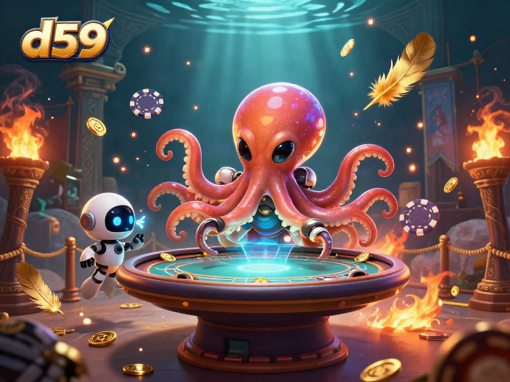 Engage in thrilling d59 gaming with a vibrant 3D octopus and poker setup surrounded by floating tokens.